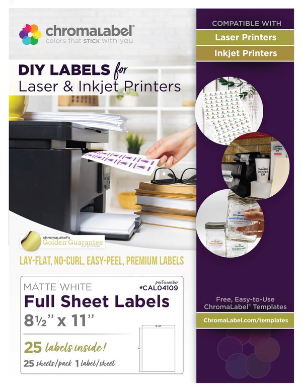 Full Sheet Printable Labels, 8.5 x 11 Inch, 25/Pack